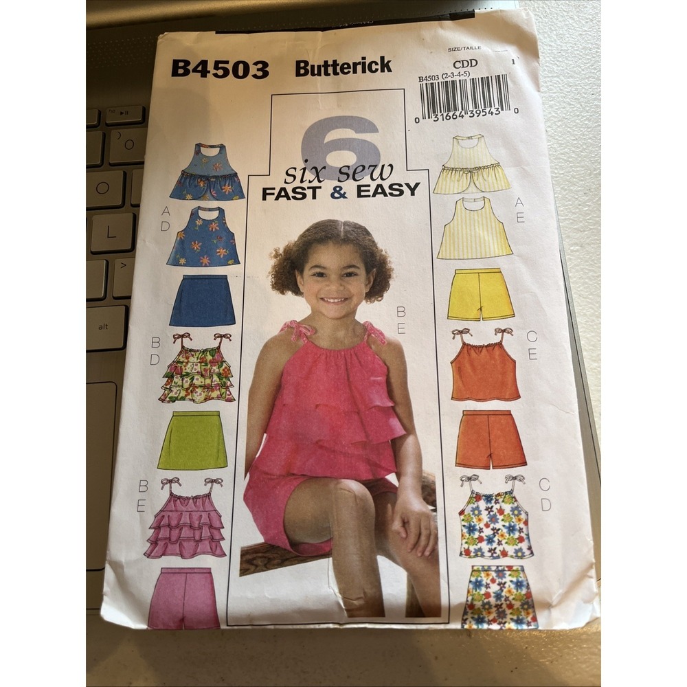 BUTTERICK B4503 SIZE CDD 2-3-4-5 SIX SEW FAST AND EASY GIRLS SKORT-TOP-SHORTS